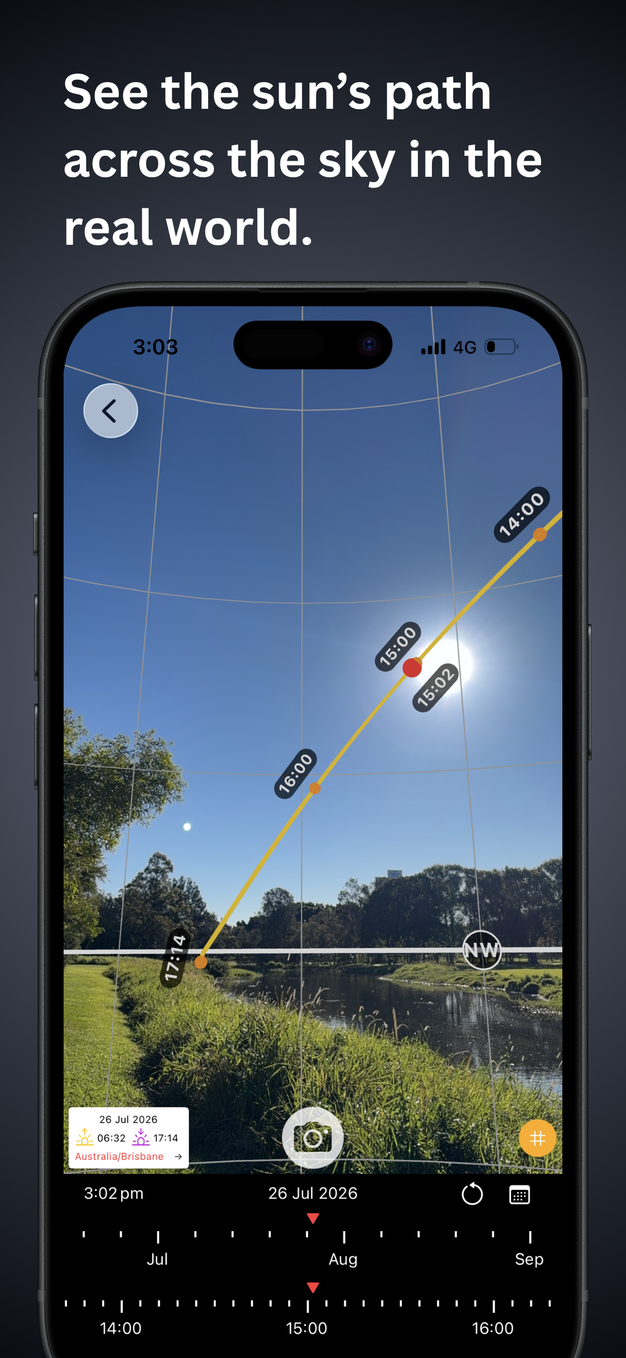 Sun Finder AR view showing the sun's path across a real landscape