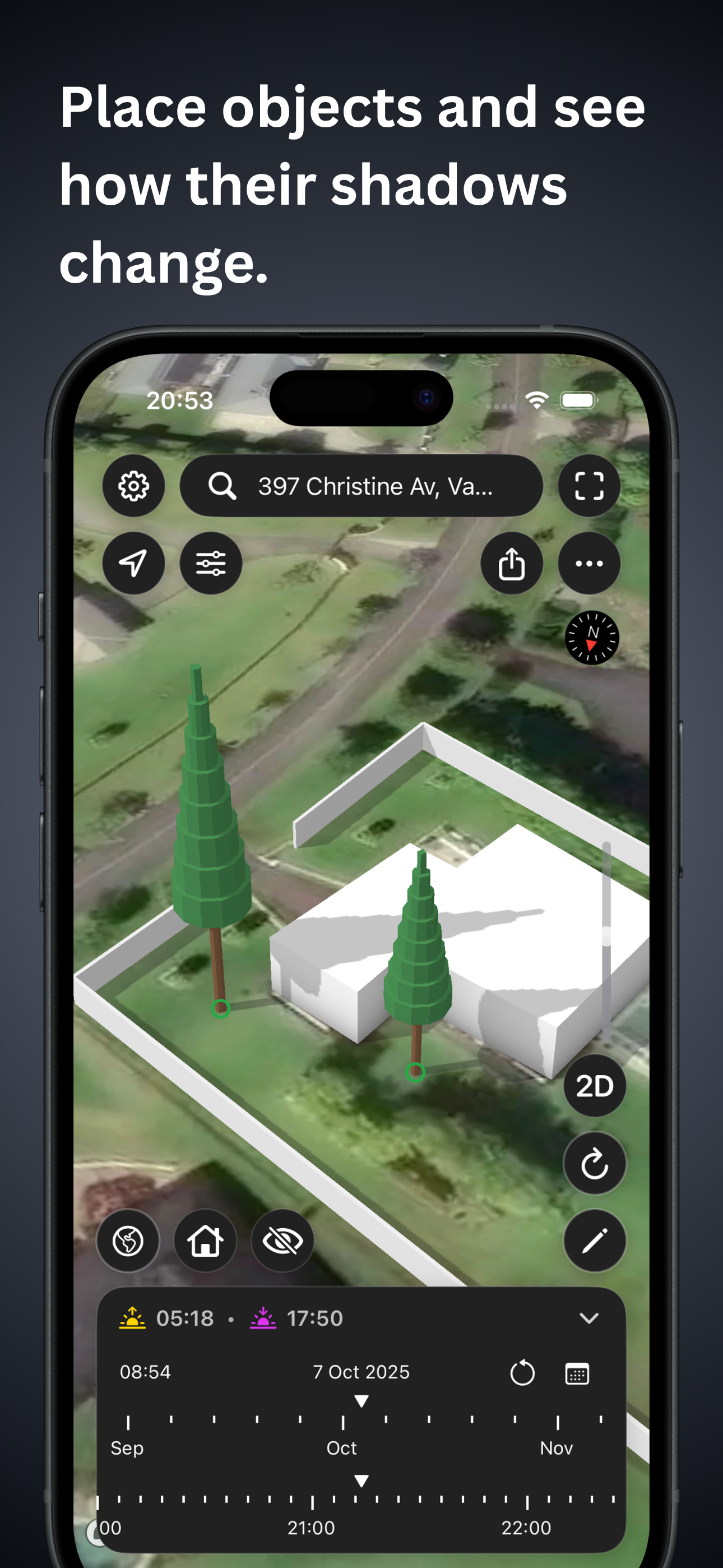 Sun Finder shadow view with trees and a building modelled on a map