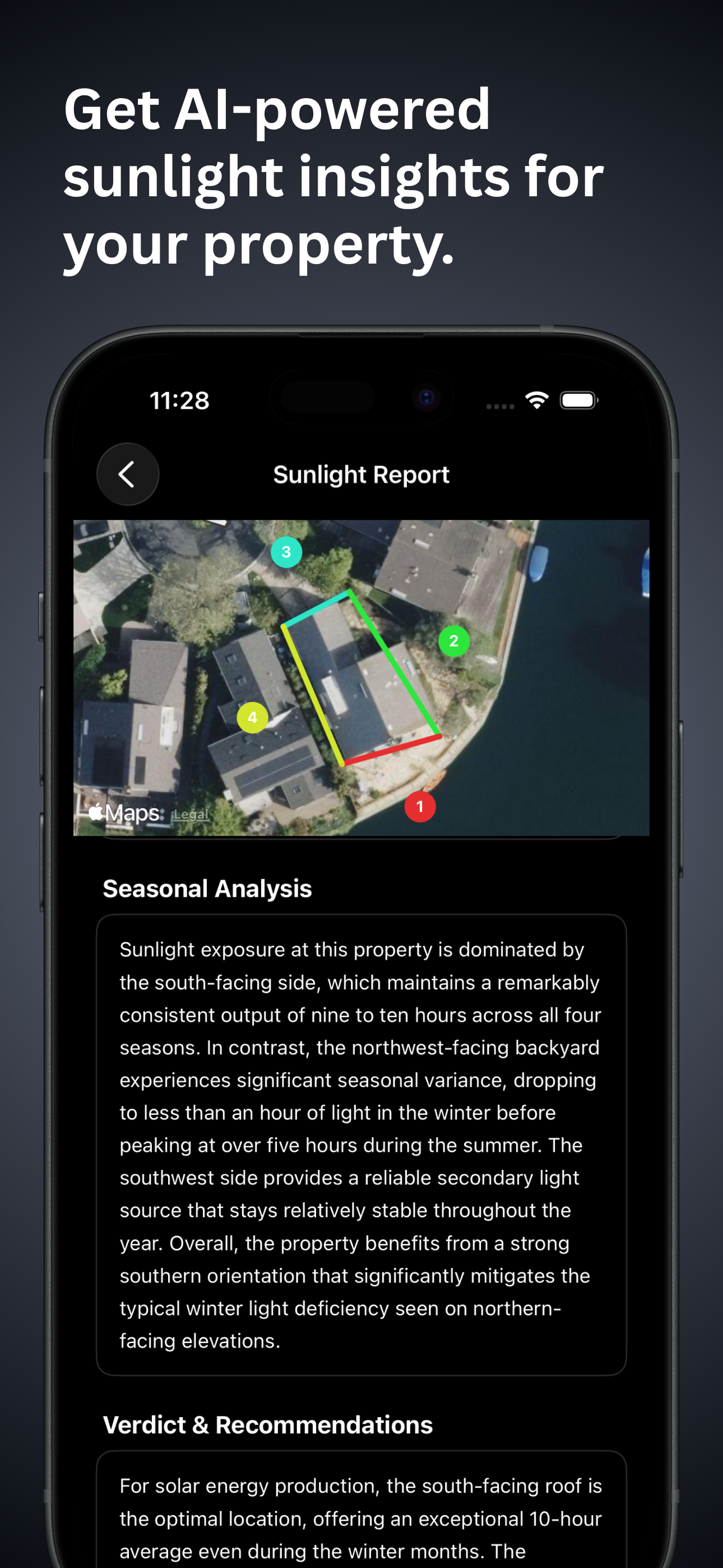 Sun Finder AI sunlight report with seasonal analysis and recommendations