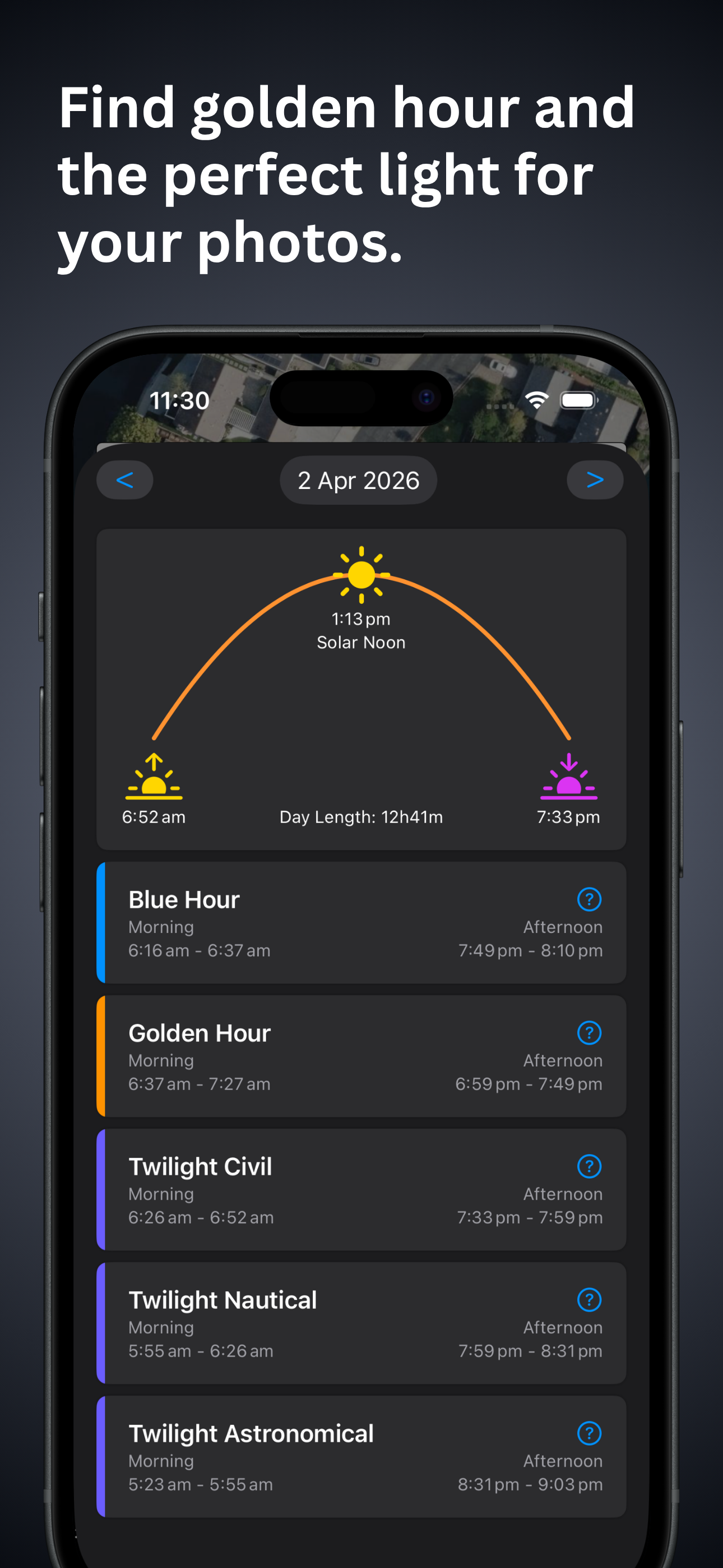 Sun Finder golden hour and twilight times for a selected date