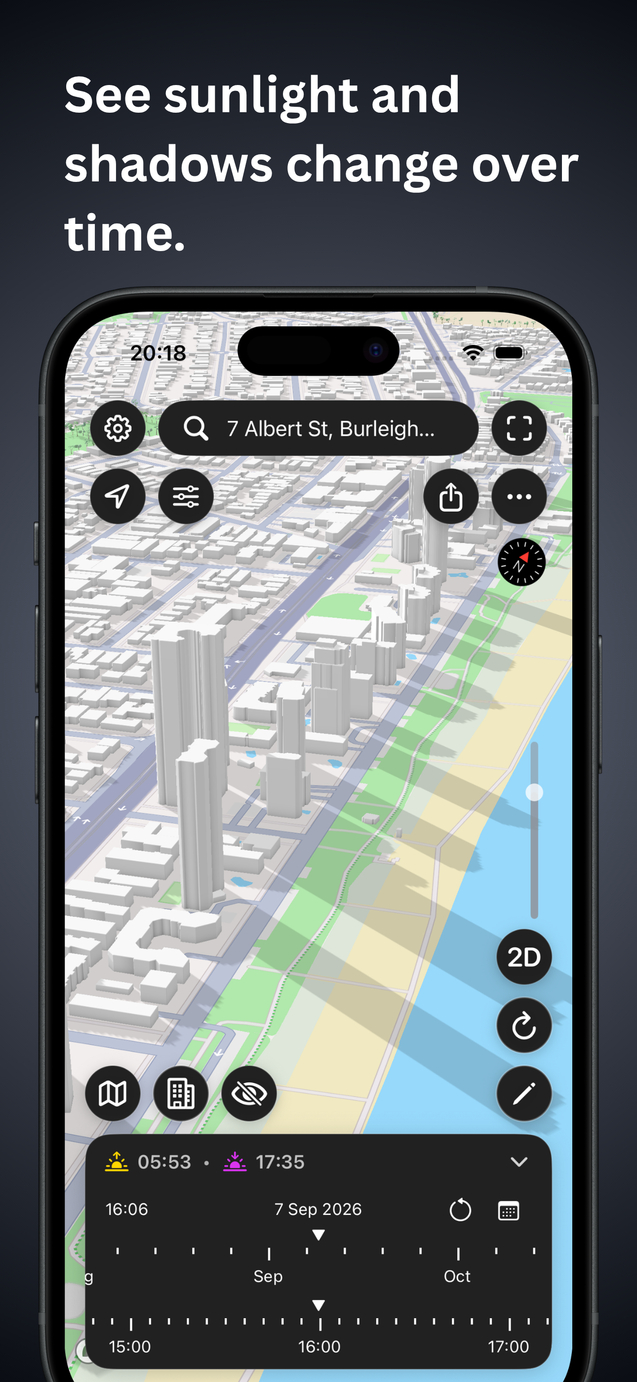 Sun Finder map view showing sunlight and shadows changing across a city