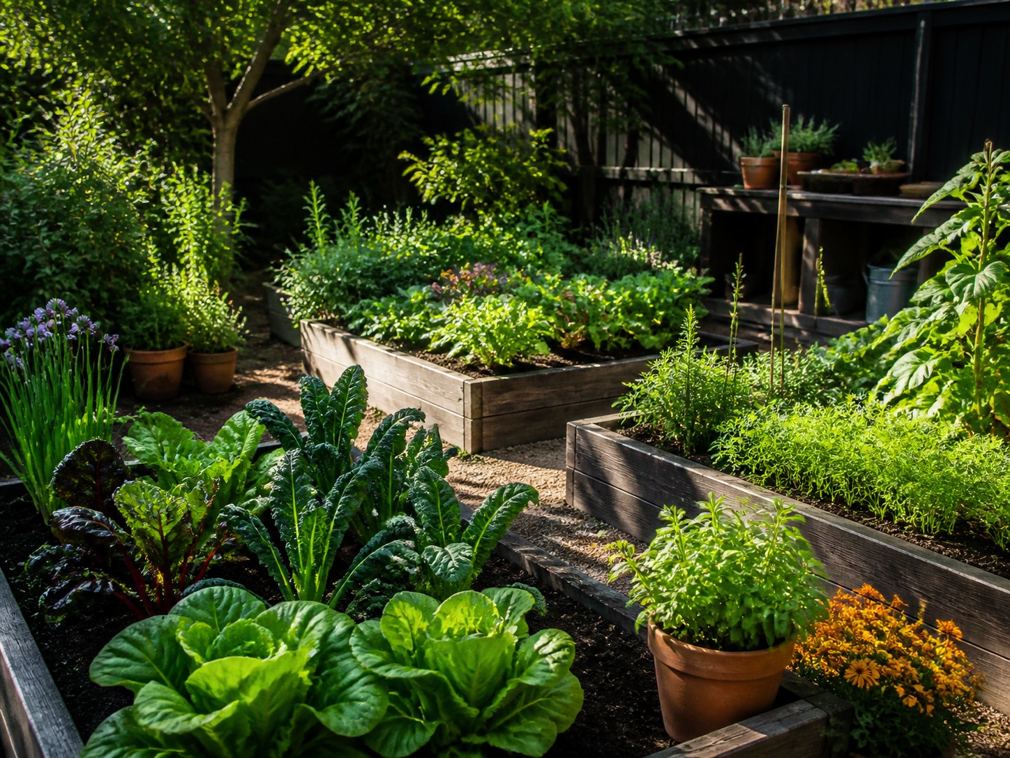 Lush raised garden beds with sunlight and shade across different planting areas