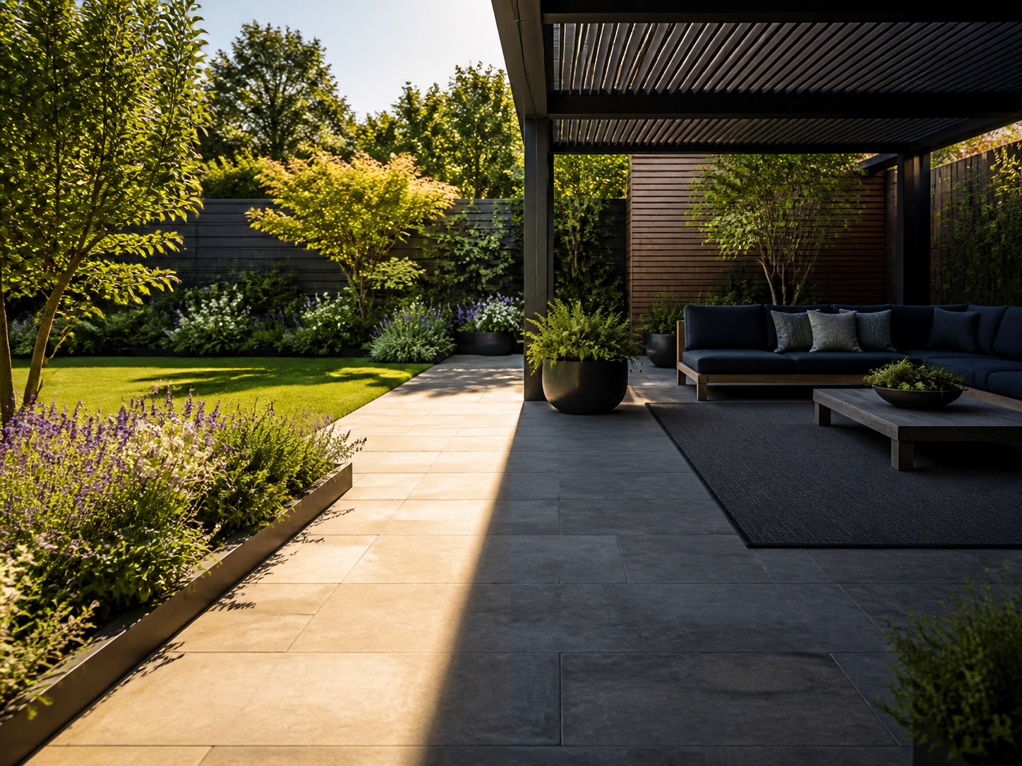 Modern garden and patio divided between sunlight and shade