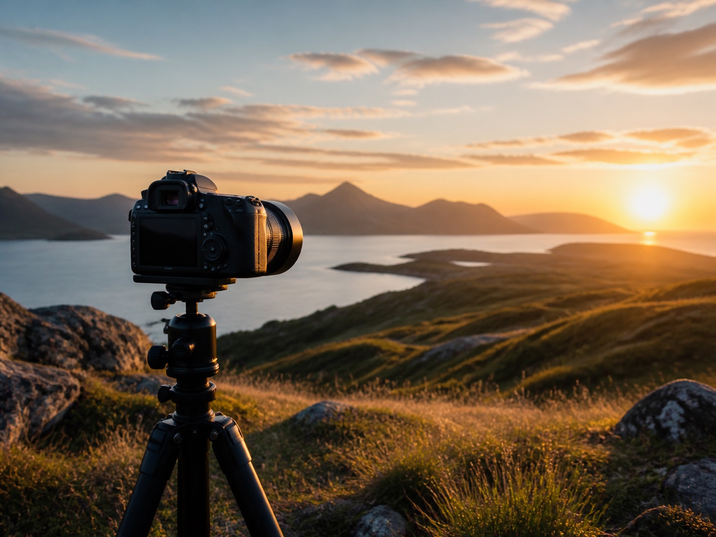 Camera on a tripod facing a golden-hour mountain landscape