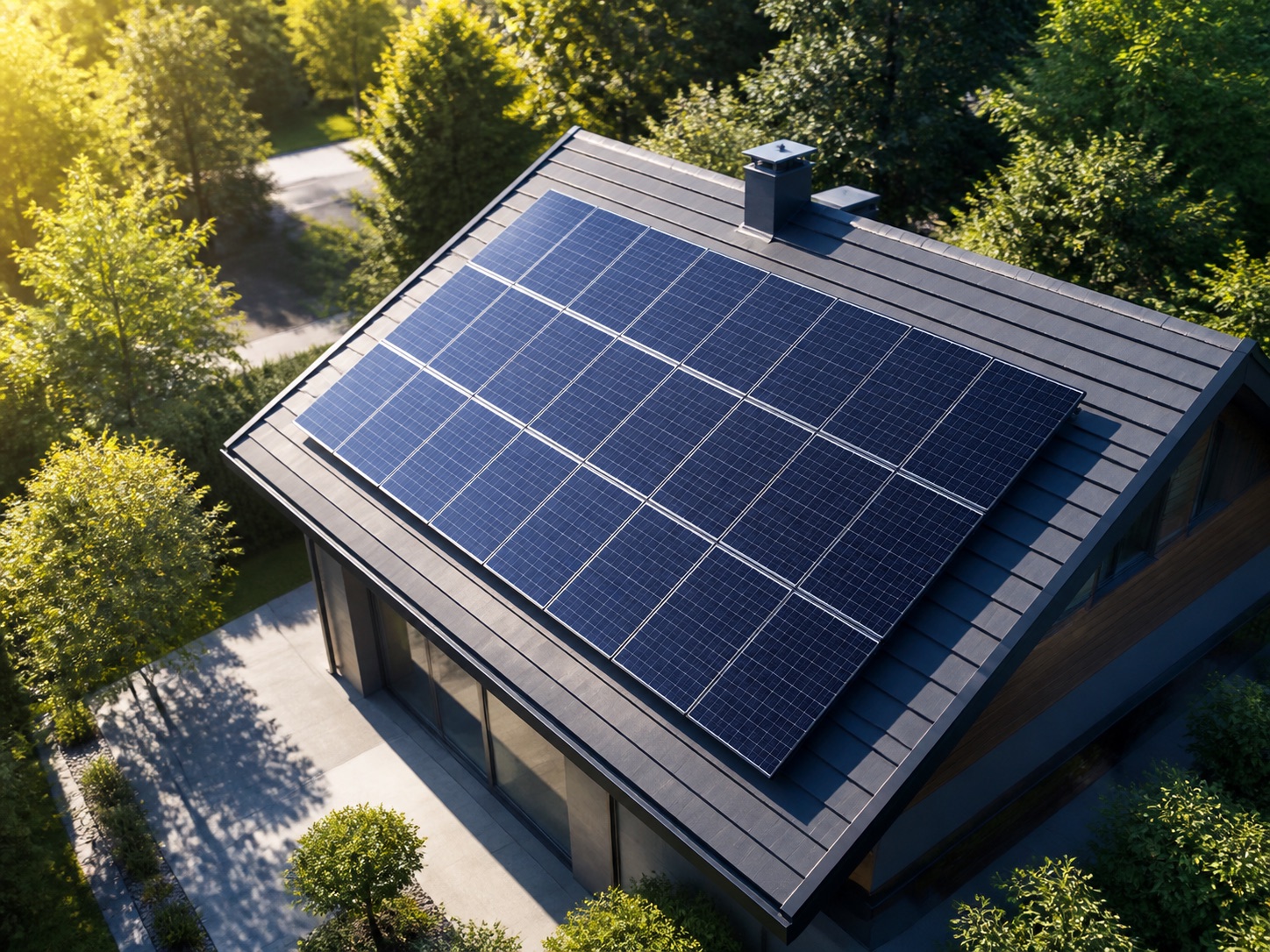 Solar panels on a modern roof in bright sunlight